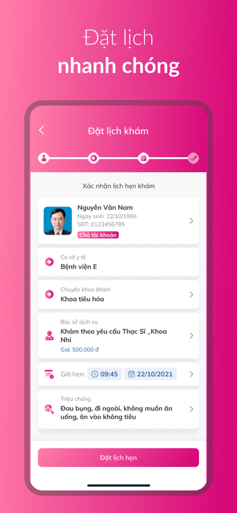 Interface of the Benh Vien E app showing the medical appointment booking confirmation screen.