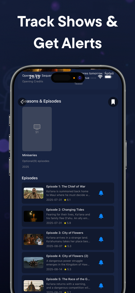 Mobile app interface for tracking TV show episodes and setting release alerts