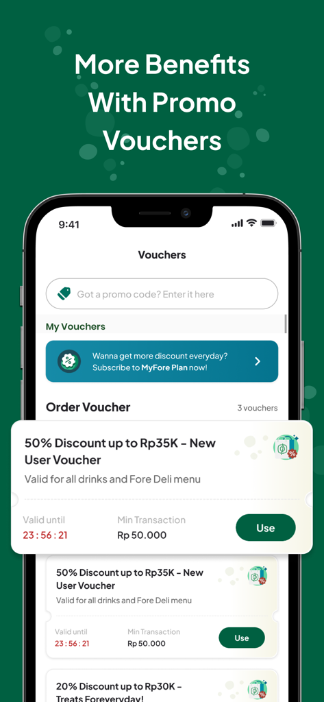 Fore Coffee - Fore Coffeeアプリ画面に、プロモーションバウチャーと新規ユーザー割引50％が表示されています