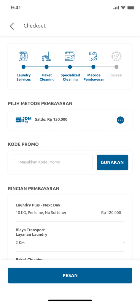 JDM Cleaning - Mobile app checkout screen for JDM Cleaning services showing payment options and service summary