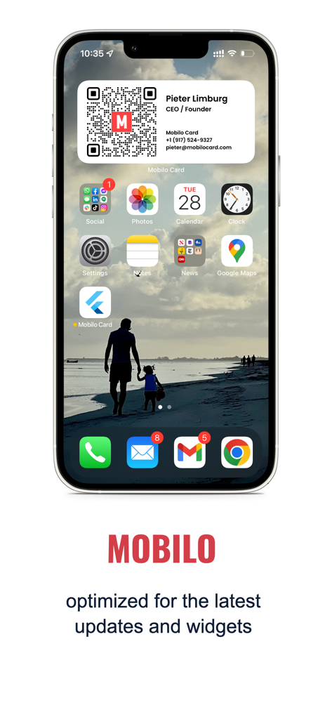 Mobilo digital business card widget with QR code and contact info on iPhone home screen
