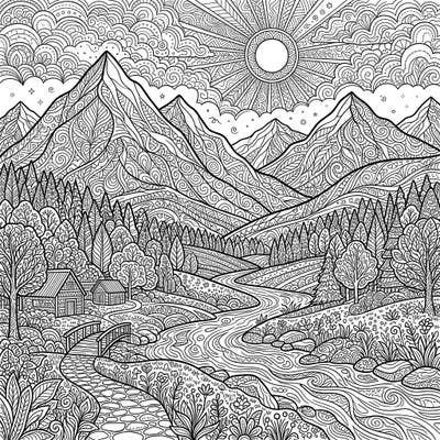 Embark on a creative journey with this captivating Zentangle nature landscape, perfect for summer relaxation. Discover intricate patterns filling majestic mountains, lush forests, and a flowing river, all designed to inspire your artistic escape.