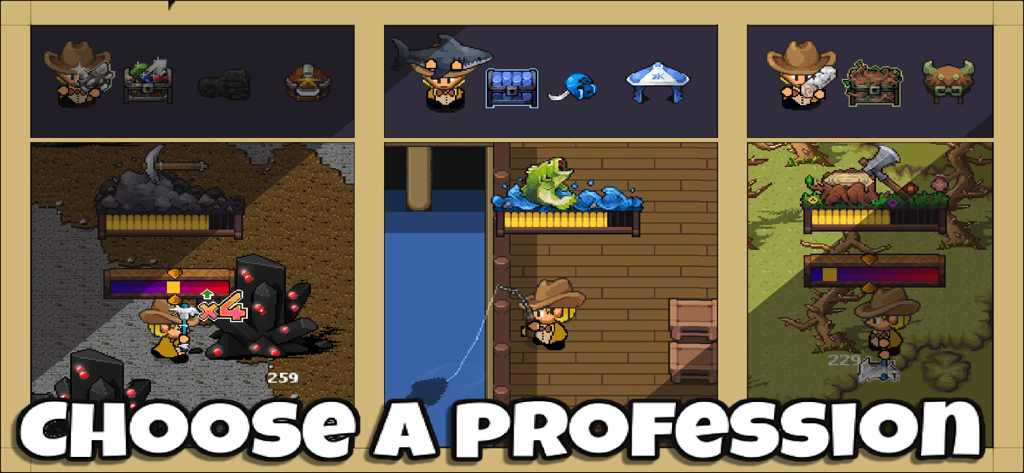 GraalOnline Ol'West+ - Gameplay screen showing mining fishing and woodcutting professions in GraalOnline OlWest