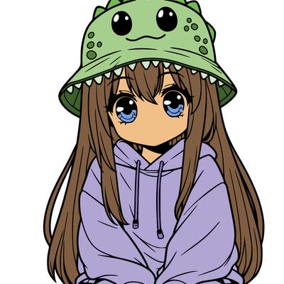 girl with anime shaped eyes with a dinosaur bucket hat oversized sweatshirt long straight hair