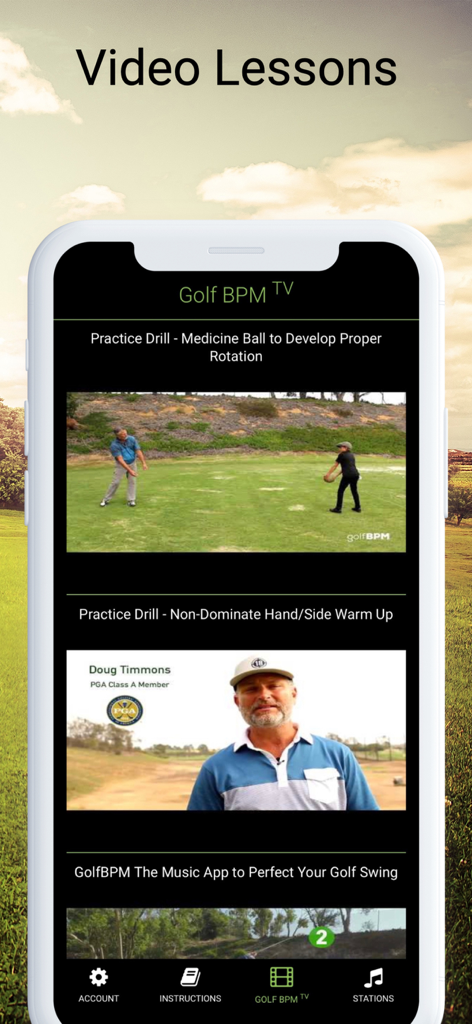 Golf Swing Tempo by Golf BPM - A mobile screen showing the Video Lessons section of the Golf BPM app featuring practice drills and instruction from a PGA professional.