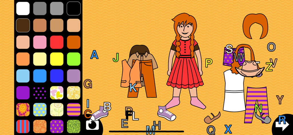 Dress-up - Digital dress up game interface with a cartoon girl and various clothing items and patterns