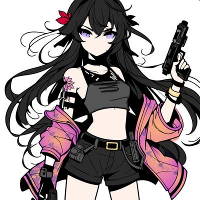 bad girl wearing crop top holding a gun long hair anime
