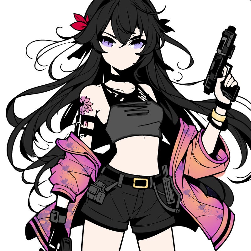 bad girl wearing crop top holding a gun long hair anime