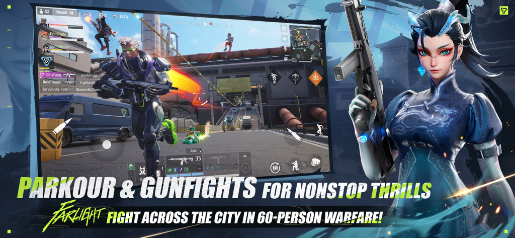 Farlight 84 - Personaje héroe de Farlight 84 sosteniendo un arma con jugabilidad de parkour de combate urbano de fondo.