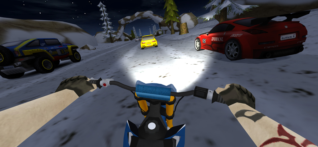 Dirt Bike - Motocross Racing - Vista en primera persona de una moto de tierra corriendo en una carretera nevada por la noche