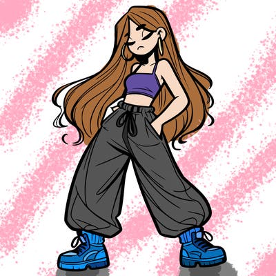 girl in baggy pants crop top and long hair