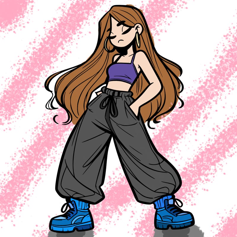 girl in baggy pants crop top and long hair