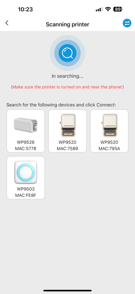Interface of the iLabel app scanning for and displaying available thermal pocket printers for connection