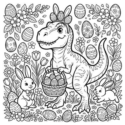 Dive into a prehistoric Easter celebration with this delightful T-Rex coloring page designed especially for kids. Featuring a friendly dinosaur, adorable bunnies, and plenty of decorated eggs, it's perfect for spring holiday fun.