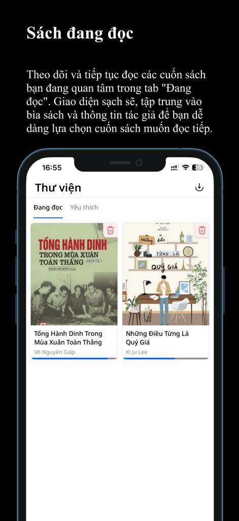 Interfaz de la aplicación VnBuk Premium que muestra la pantalla de la biblioteca con los libros vietnamitas que se están leyendo actualmente.