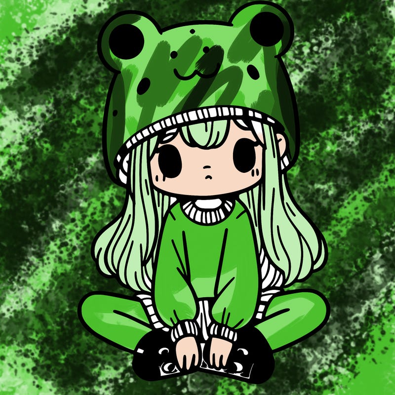 a girl wearing a frog hat and some frog socks