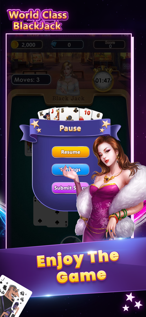 Poker Slots BlackJack 21 - Menú de pausa del juego móvil Poker Slots BlackJack 21 con una glamurosa ilustración de personaje.