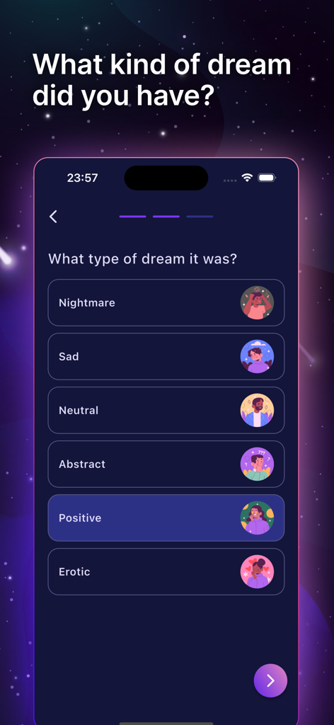 Dream Dictionary-Dream Reading - Screenshot of the Dream Dictionary app interface asking what type of dream the user had with several options