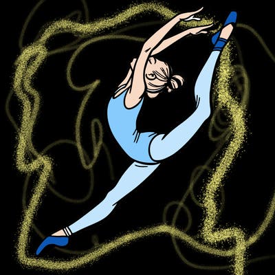 gymnast doing a leap in a leotard with a bent back leg