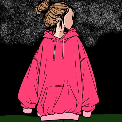 realistic girl with a oversized sweatshirt on and a bun