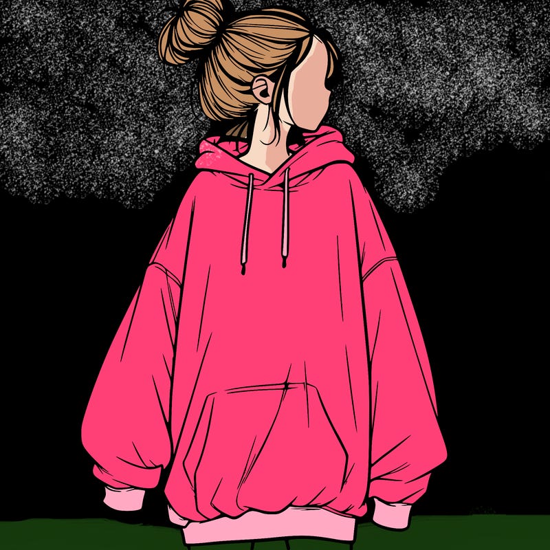 realistic girl with a oversized sweatshirt on and a bun