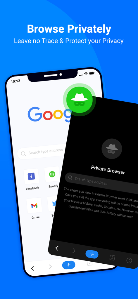 Una interfaz móvil mostrando la función de navegador privado con modo incógnito para una navegación web segura y anónima