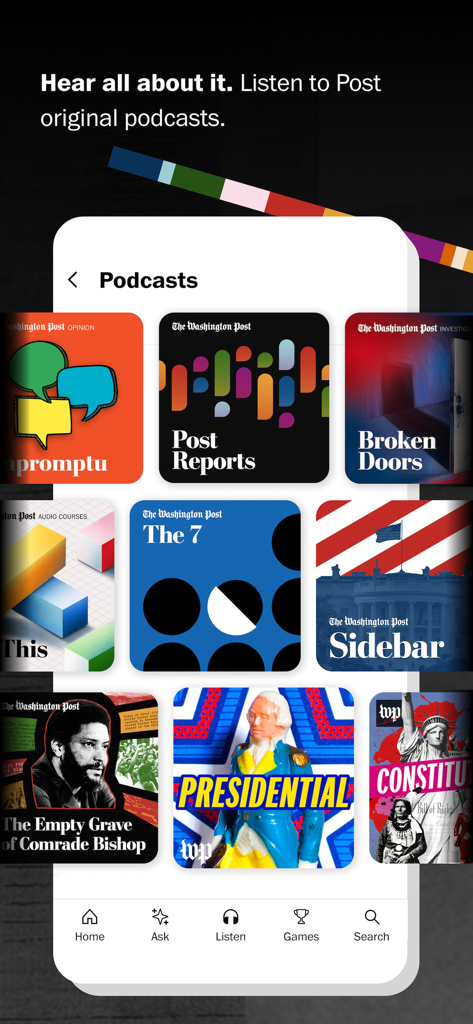 Washington Post - The Washington Post app showing a grid of original podcasts like Post Reports and The 7.