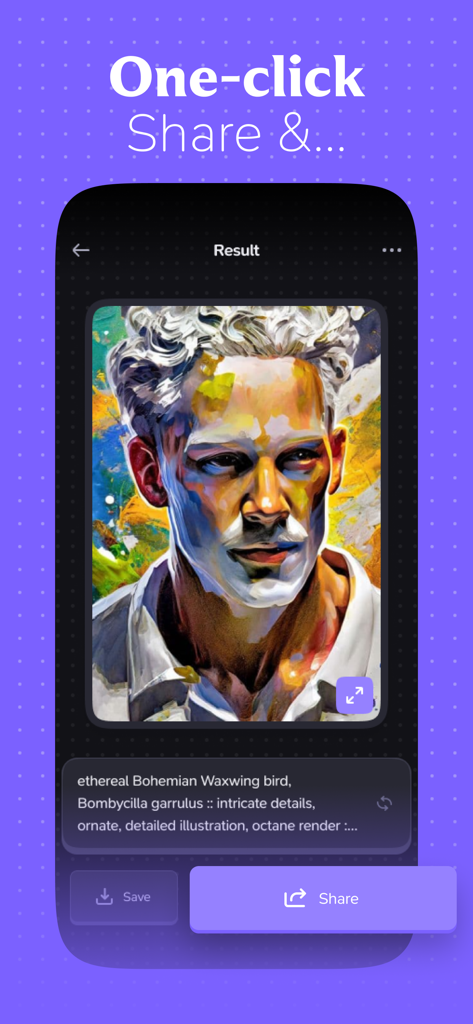 Haiper AI・Video, Photo Creator - Haiper AI app interface showing a generated artistic portrait with options to save and share the digital creation