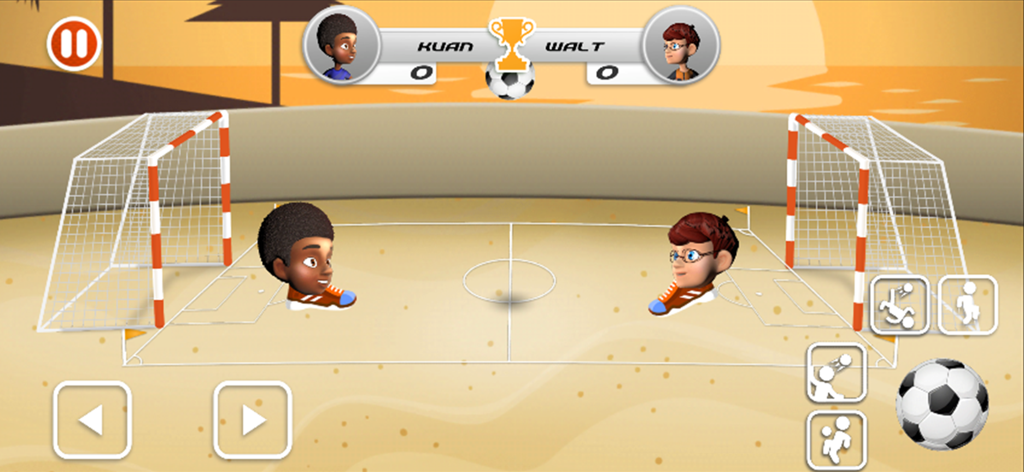 Head Soccer-Play Football - Un partido de fútbol de cabezas uno contra uno en un campo de playa arenoso con personajes estilizados y controles de juego móvil.