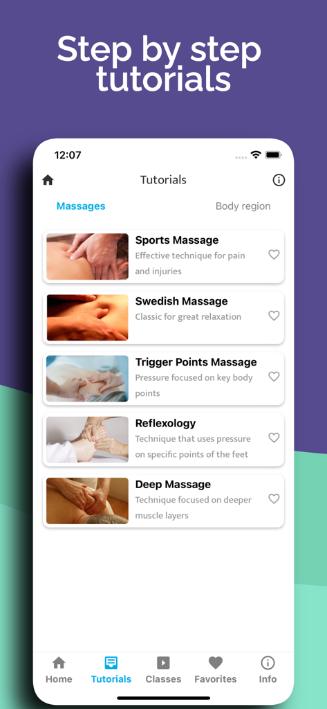 Massage: Lessons & Techniques - Pantalla de la aplicación móvil mostrando una lista de tutoriales de masaje que incluyen técnicas deportivas, suecas y de reflexología.