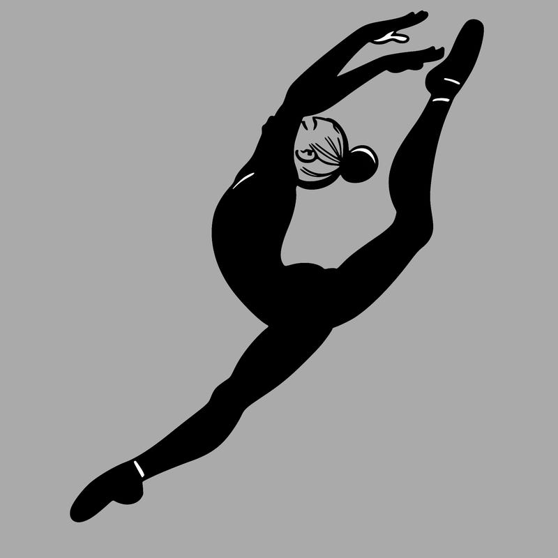 gymnast doing a leap in a leotard with a bent back leg