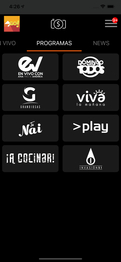 TCS GO app interface showing a list of Salvadoran television programs