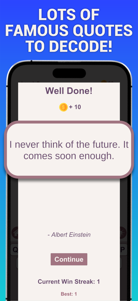 Cryptogram Word Puzzles - A solved cryptogram puzzle showing a famous quote by Albert Einstein on a mobile screen.