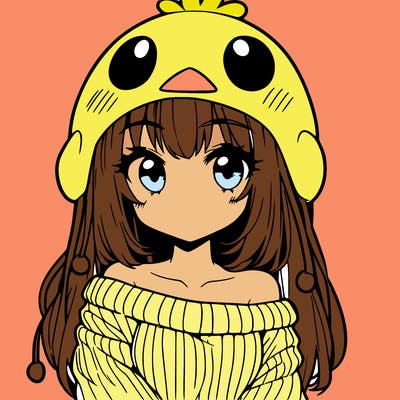anime girl with chick shaped hat with sweater with bare shoulders with bangs covering them one eye with low tail