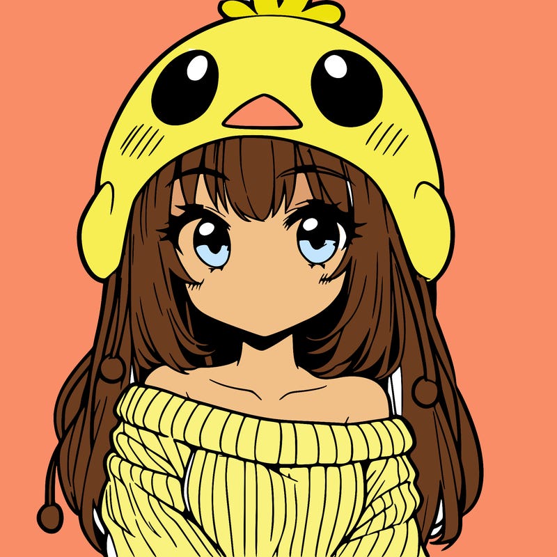 anime girl with chick shaped hat with sweater with bare shoulders with bangs covering them one eye with low tail