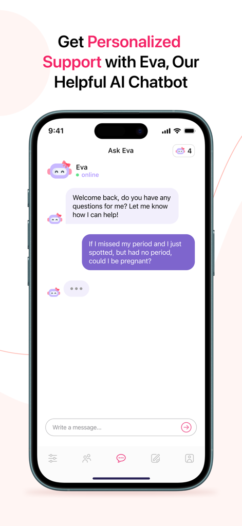 Pregnancy Test Checker - Mobile app screen showing a chat conversation with Eva the AI chatbot for pregnancy and fertility support