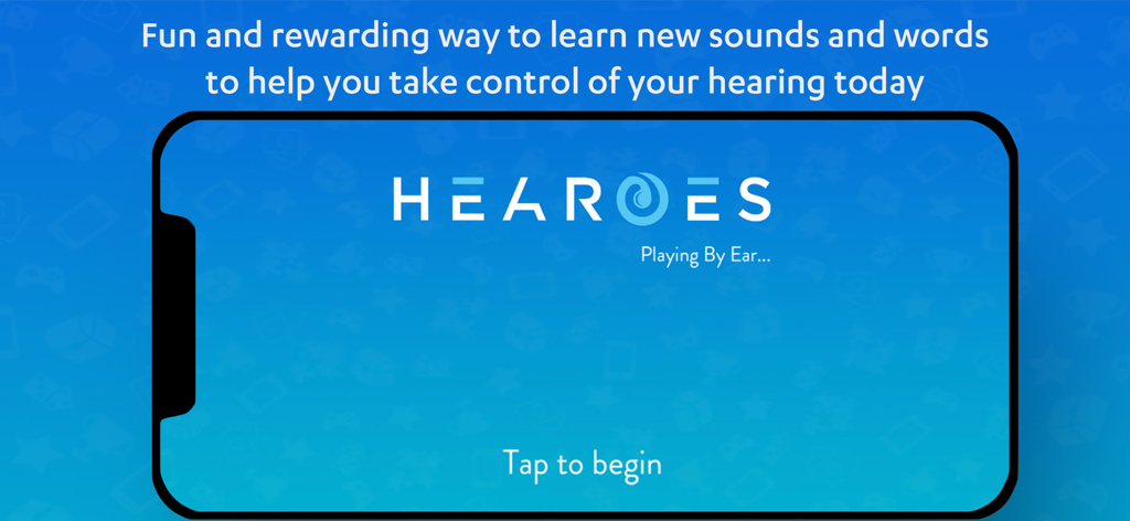 Hearoes - Empower Your Hearing - Hearoes app launch screen on a smartphone displaying the tagline fun and rewarding way to learn new sounds and words