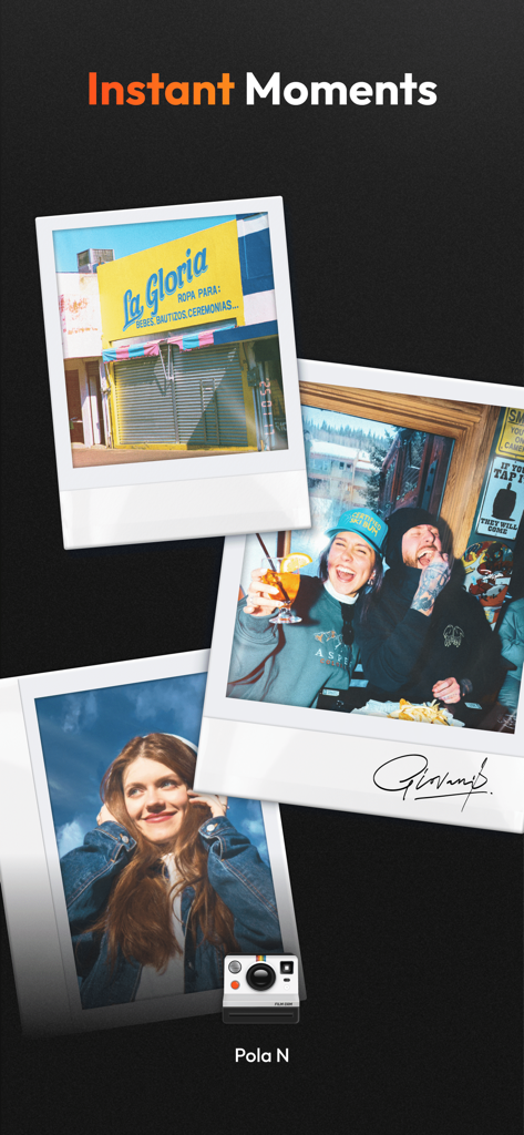 Tres fotos instantáneas con marcos vintage y efecto de filtro Pola N de la aplicación Film Camera