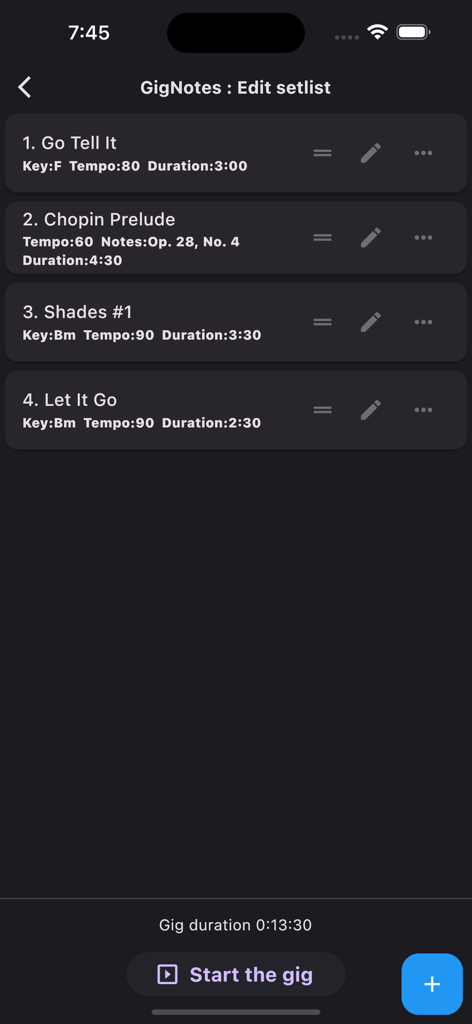 GigNotes – Setlists & Sheets - Interface for editing a musical setlist in the GigNotes app showing song titles and tempo