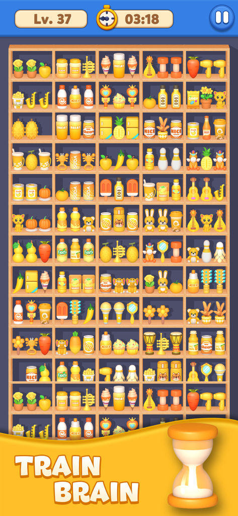 Gameplay of Sort Mania Goods Master showing colorful 3D items on shelves for a sorting puzzle