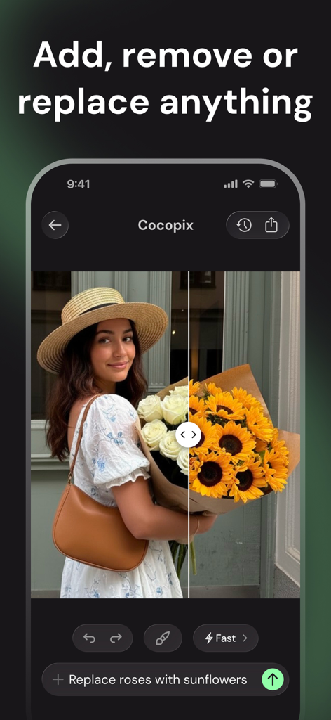 Edit Photos with AI - Cocopix - A split screen showing the Cocopix app replacing a bouquet of roses with sunflowers using an AI prompt