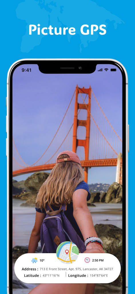 주소, 날씨, 좌표를 포함한 위치 데이터 오버레이가 있는 골든게이트 브리지 여행자 사진