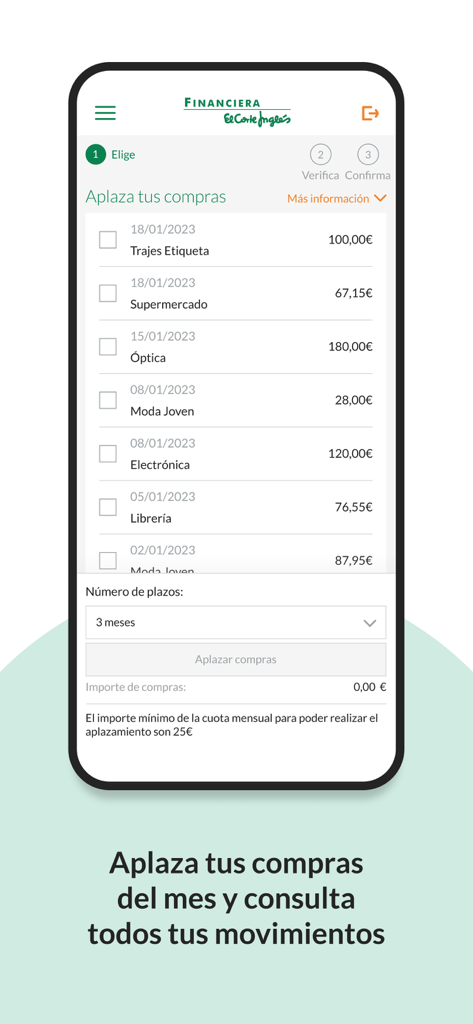 Tarjeta El Corte Inglés - Interfaz de la app Tarjeta El Corte Inglés para aplazar pagos de compras mensuales.