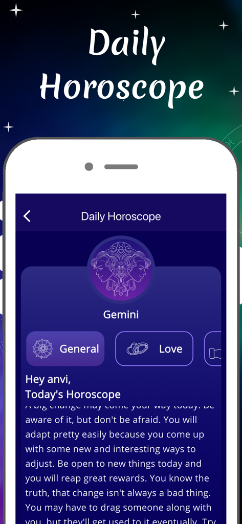 Numerology Future Astrology - 数秘術 未来占いアプリのインターフェースで、双子座のパーソナライズされた毎日のホロスコープが表示されています