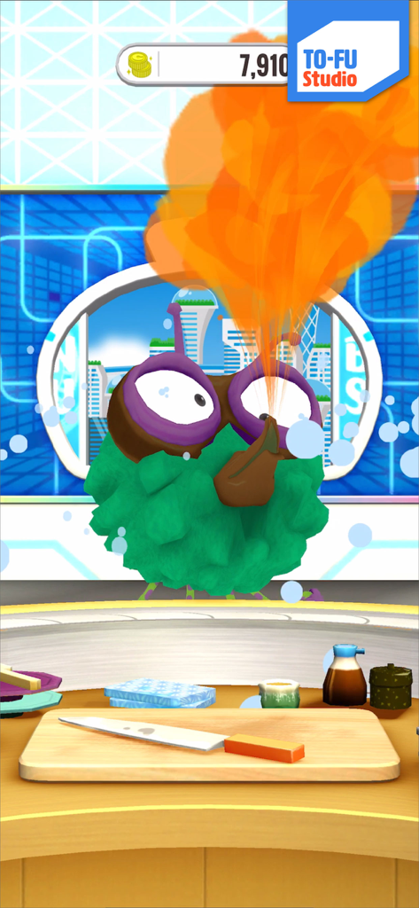 TO-FU Oh!SUSHI 2 - A green character in TO-FU Oh!SUSHI 2 breathing orange smoke after eating spicy sushi.