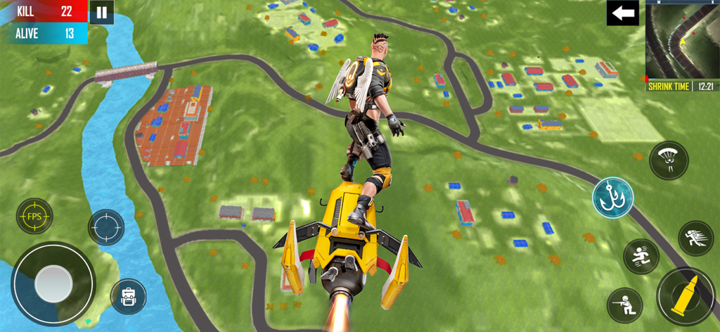 A character with wings riding a yellow hovercraft over a 3D battle royale map
