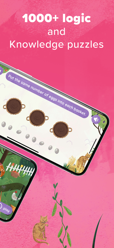 Smart Kiddo Montessori Kids 3+ - A logic puzzle for kids on a smartphone screen where the player must distribute eggs into baskets.