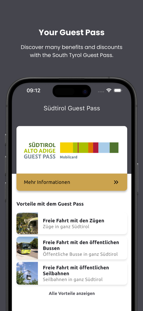 Dorf Tirol - Official App - Dorf Tirolアプリの画面。Südtirolゲストパスとその特典（無料公共交通機関など）が表示されます。