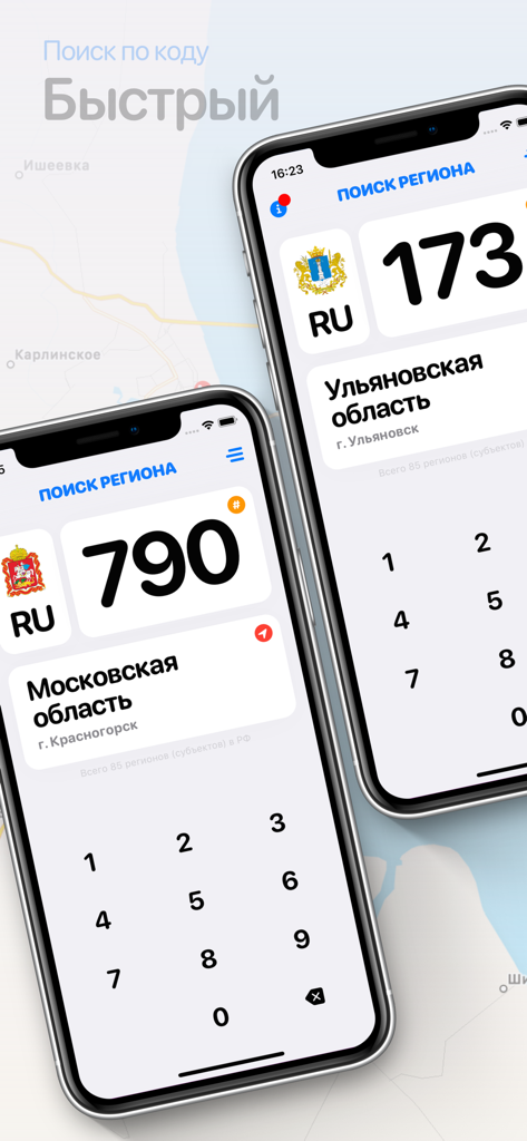 Регионы — Коды регионов России - Interface of the Russian region codes app for looking up automotive plate indices