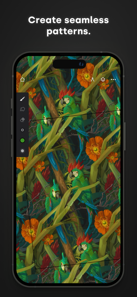 Infinite Painter - Interface de l'application Infinite Painter sur un smartphone montrant un motif répétitif vibrant de jungle et de perroquet